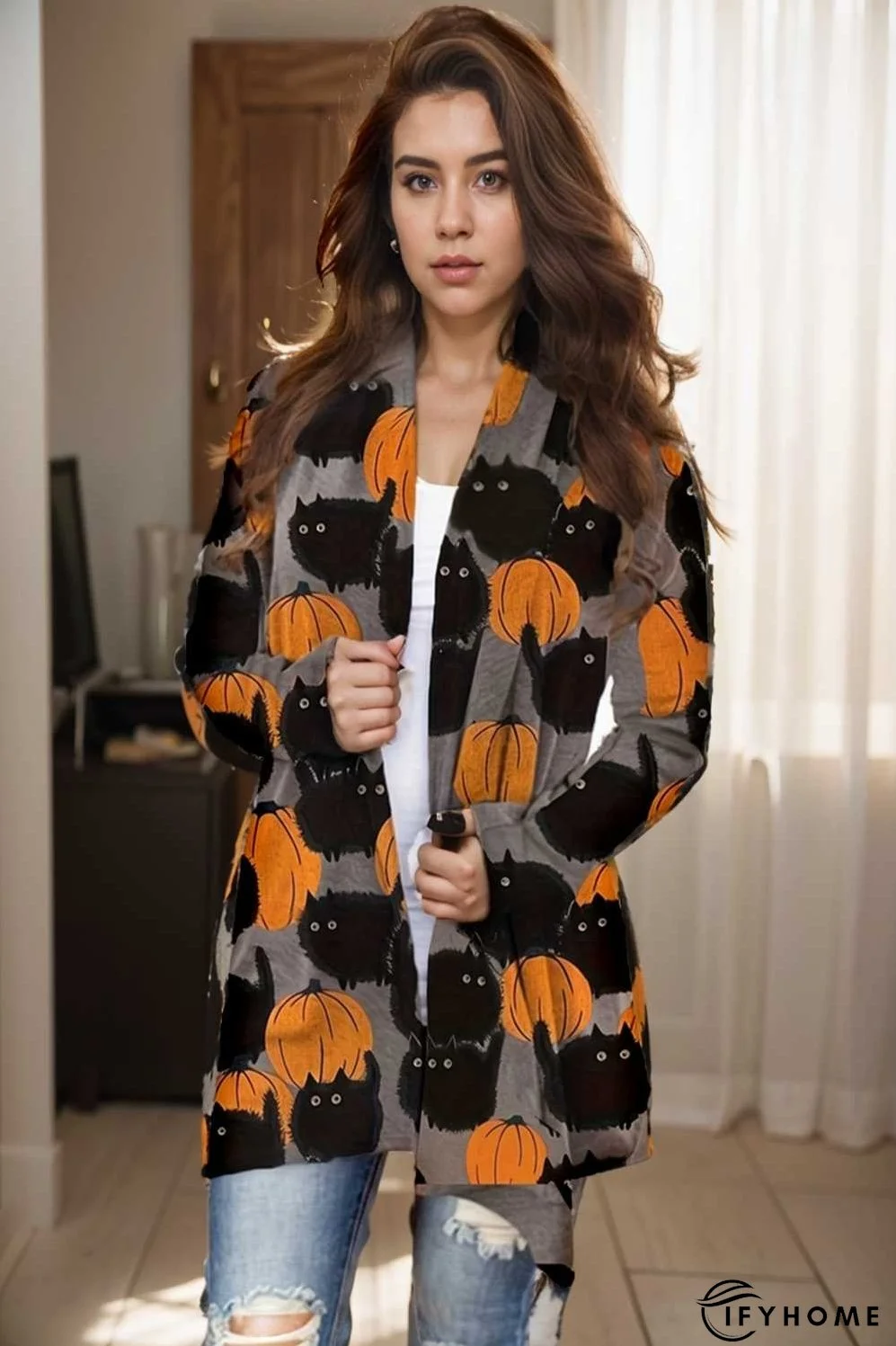 plus size halloween coat women s pus allover cat pumpkin print long sleeve open front medium stretch cardigan overcoat | IFYHOME