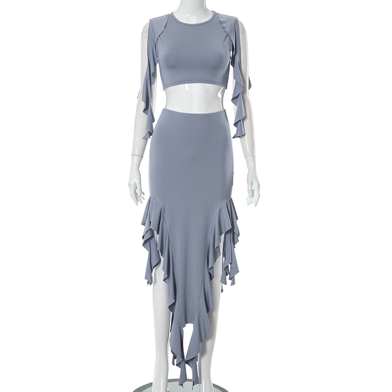 Ootddress Ruffled Tassel Patchwork 2 Piece-Set For Women High Waist Long Skirt And Crop top Outfits Solid Summer Maxi Skirt Sets