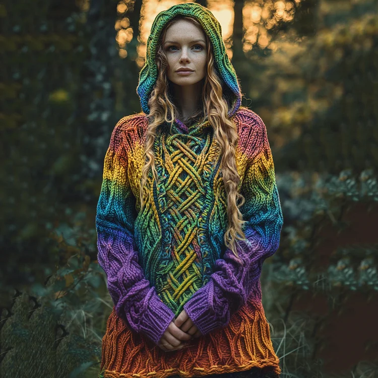 Women's Irish Rainbow Pattern Jacquard Pocket Cozy Hooded Sweater