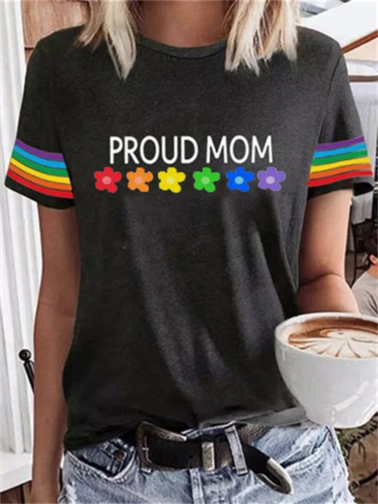 Rainbow Print Proud Mom Casual Comfy T Shirt