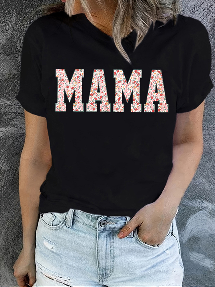 Comstylish Stylish Floral MAMA Print Crew Neck Cozy T-Shirt