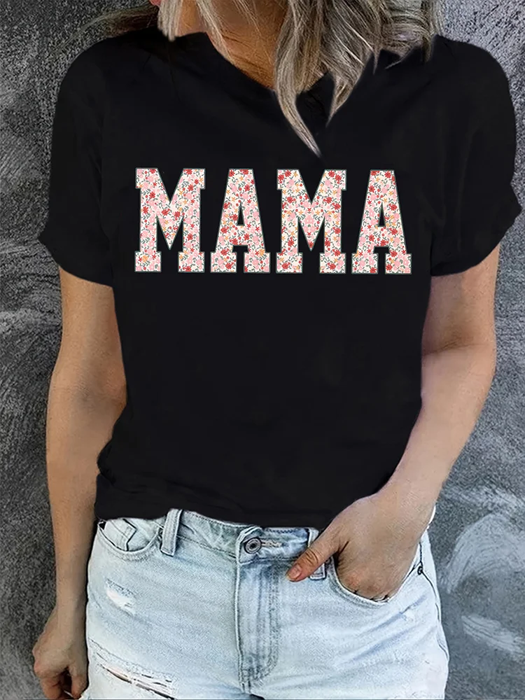 Stylish Floral MAMA Print Crew Neck Cozy T-Shirt