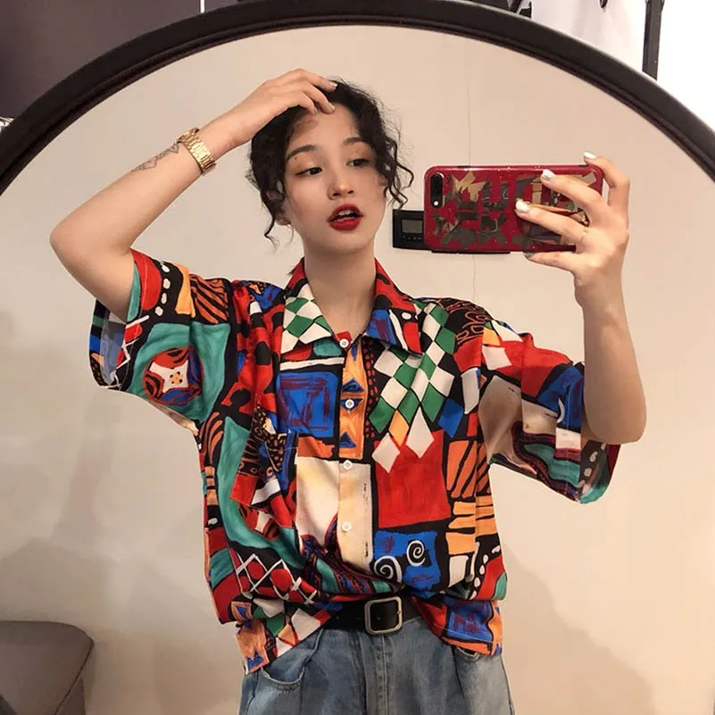 NiceMix fashion Harajuku Women's Clothing summer style Blouses oversize print Graffiti woman shirts vintage bf tops Hipster