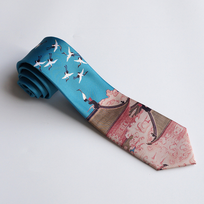 Auspicious Crane Printed Tie Dark Blue Chinese Style Retro