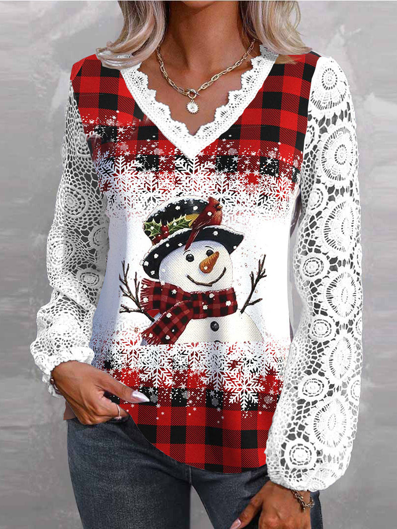 Women Long Sleeve V-neck Snowman Printed Graphic Lace Christmas Tops