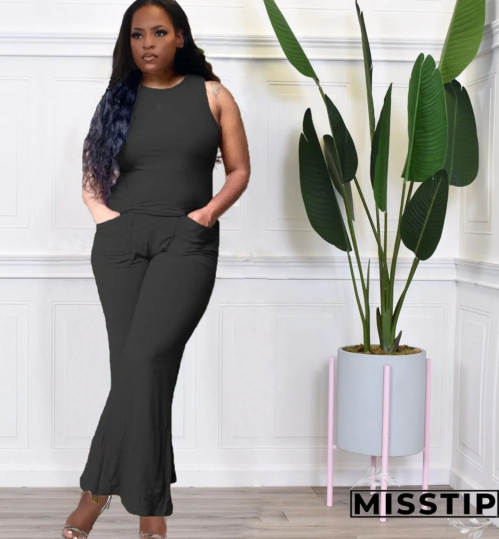 Plain Color Tank Tops Flared Pants Two Piece Set
