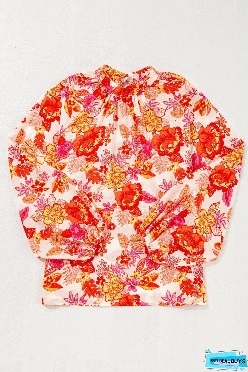 Orange Floral Print Pearl Button Keyhole Long Puff Sleeve Blouse