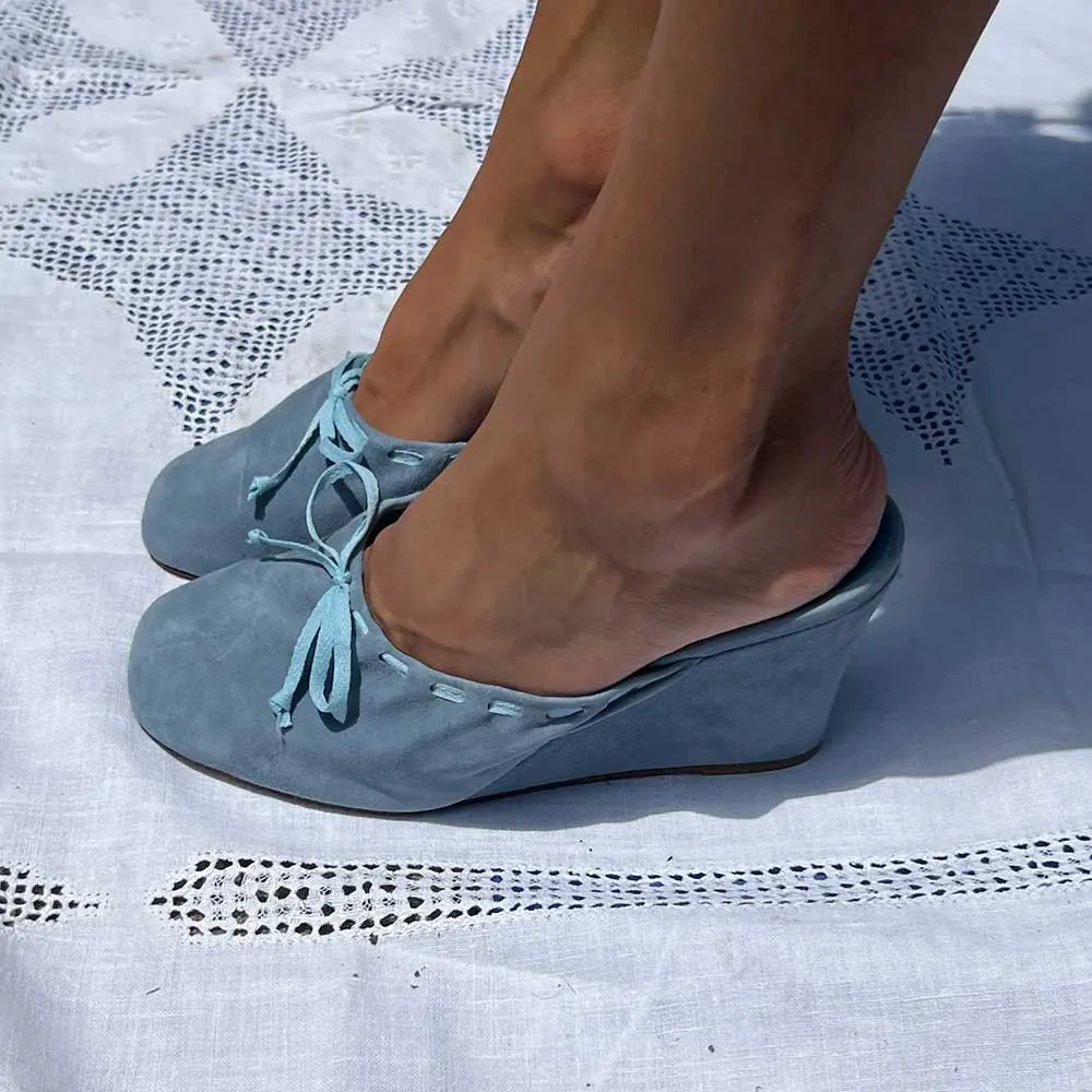 Women's Blue Square Toe Wedge Heel Slip On Ballet Bow Mules Shoes