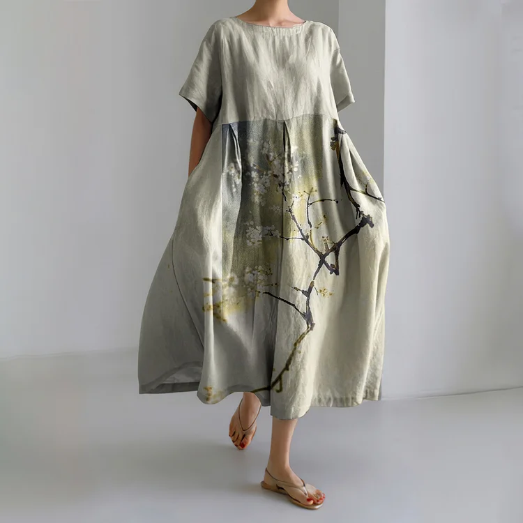 Comstylish Japanese Art Ink And Wash Linen Blend Maxi Dress
