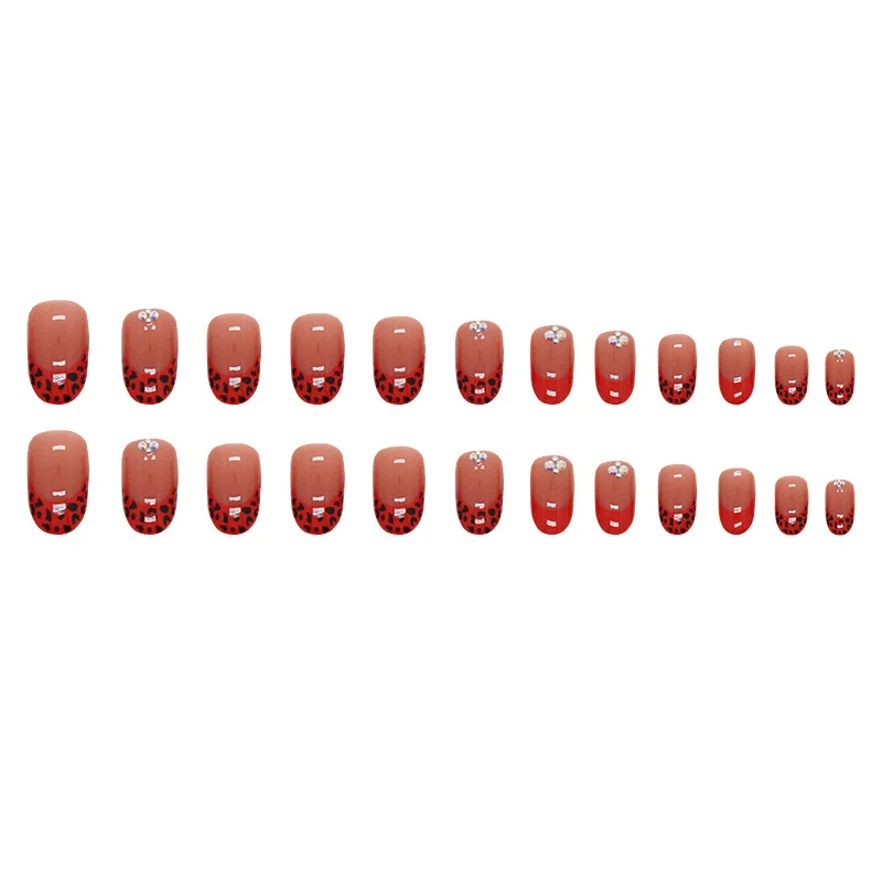 Churchf Churchf And Charming Red Round Head Leopard Print French Nail Simple Broken Diamond Wearable Beauty Nail Ins Wind Nail