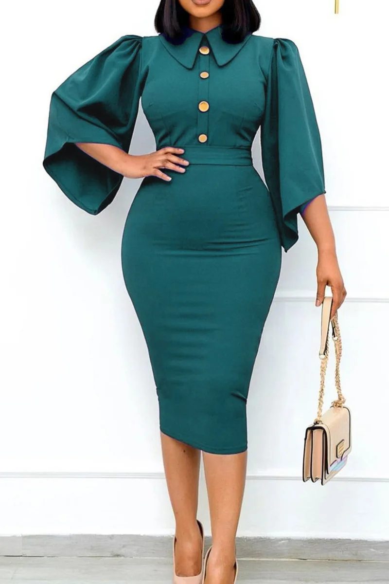 Green Fashion Casual Solid Patchwork Turndown Collar Pencil Skirt Dresses | EGEMISS