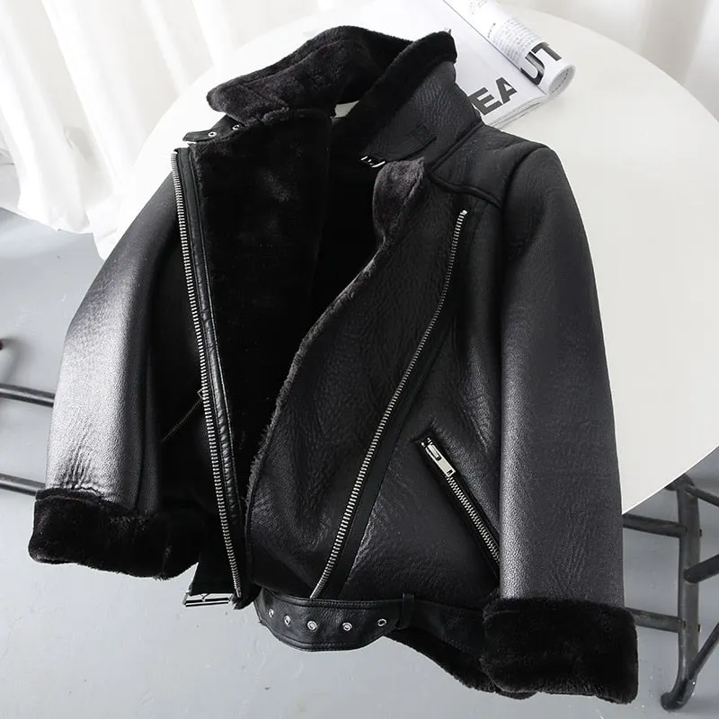 Ailegogo New 2021 Winter Women Sheepskin Coat Streewear Thick Warm Pu Faux Lamb Leather Jacket with Belt Loose Oversized Outwear