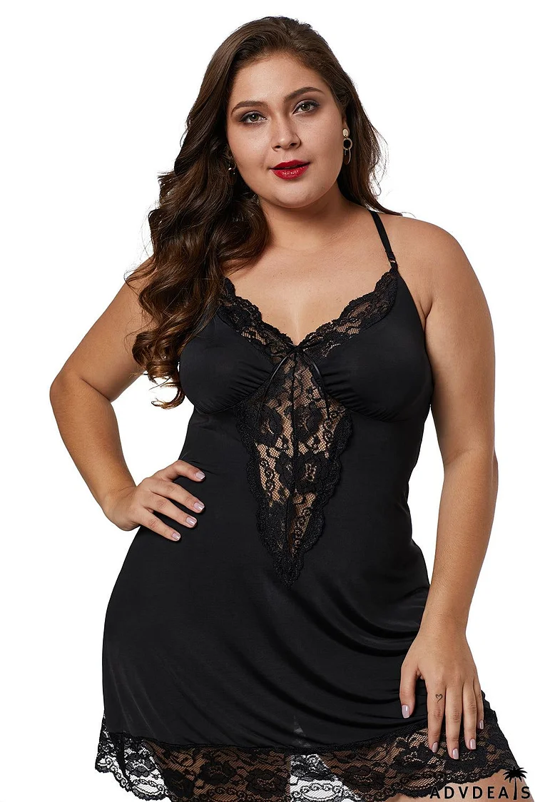 Black Venecia Lace Trim Plus Size Chemise