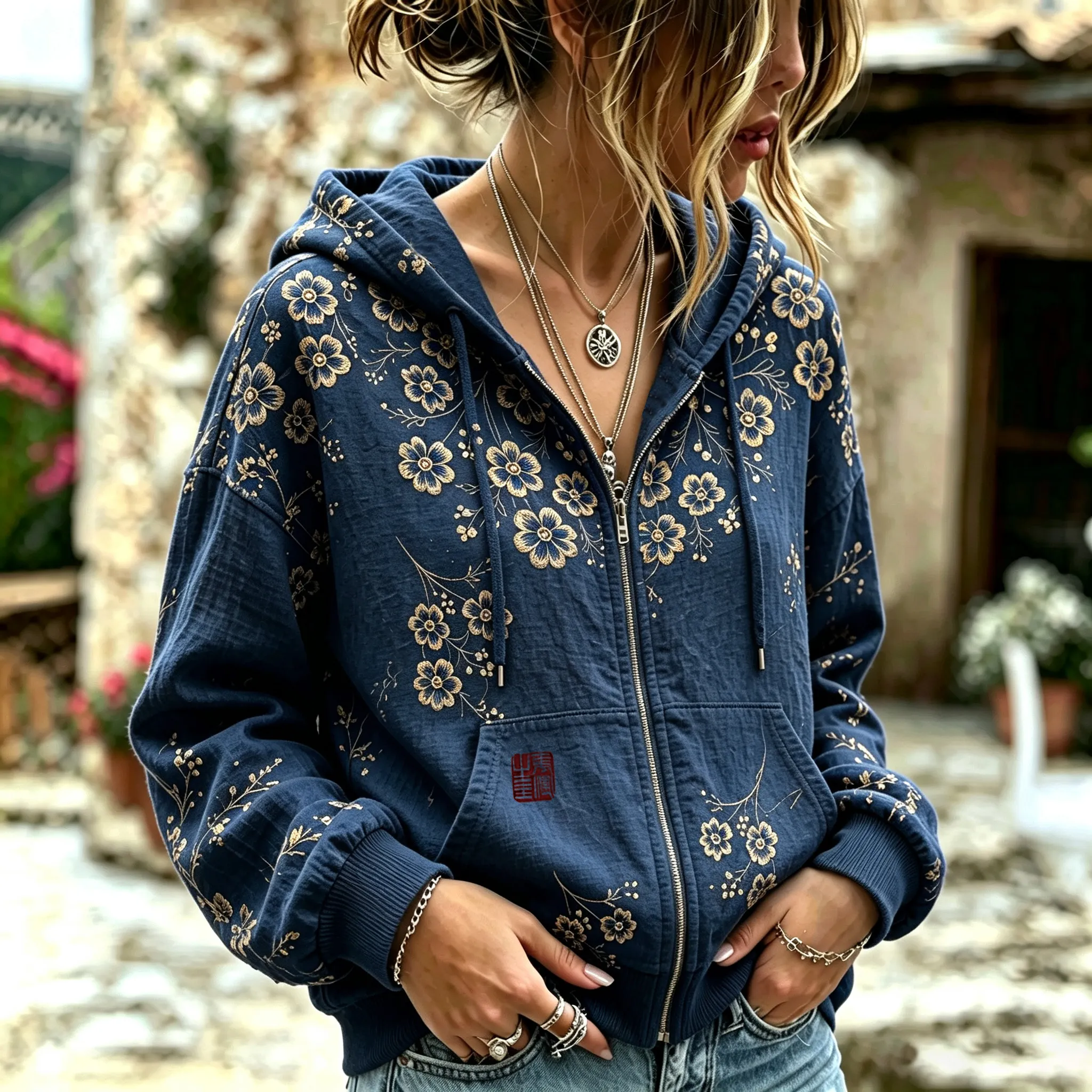 Comstylish Women's Vintage Japanese Cherry Blossoms Art Flowy Linen Blend Hooded Zipper Tops