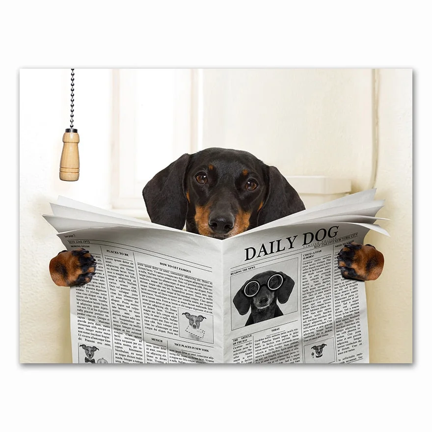 Dog Reading Newspaper Toilet Wall Art Canvas  Prints Funny Dog Painting Wall Picture Home Bathroom Decor Dogs Lover Gift