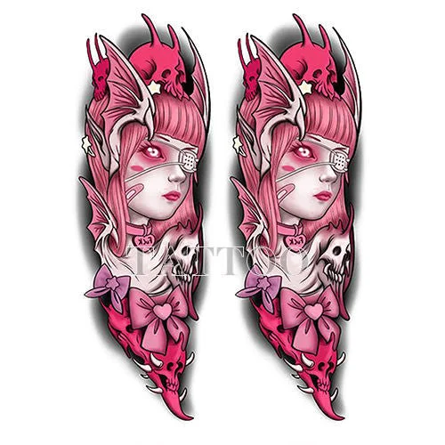 Japanese Devil Dark Sexy Pink Girl Big Size Color Arm Water Transfer Temporary Fake Tattoo Sticker For Men and Women