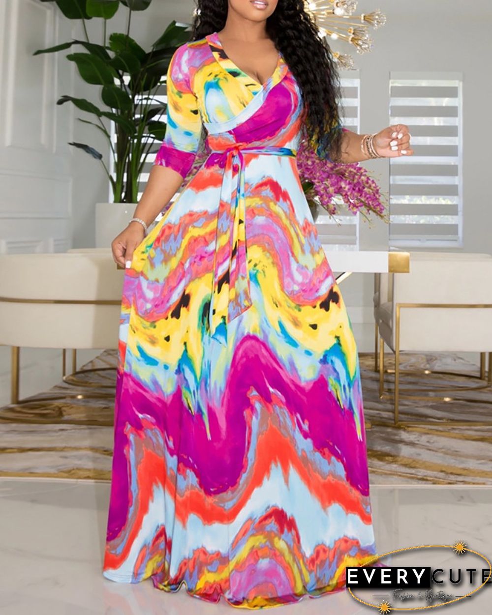 Colorblock V Neck Tied Detail Maxi Dress