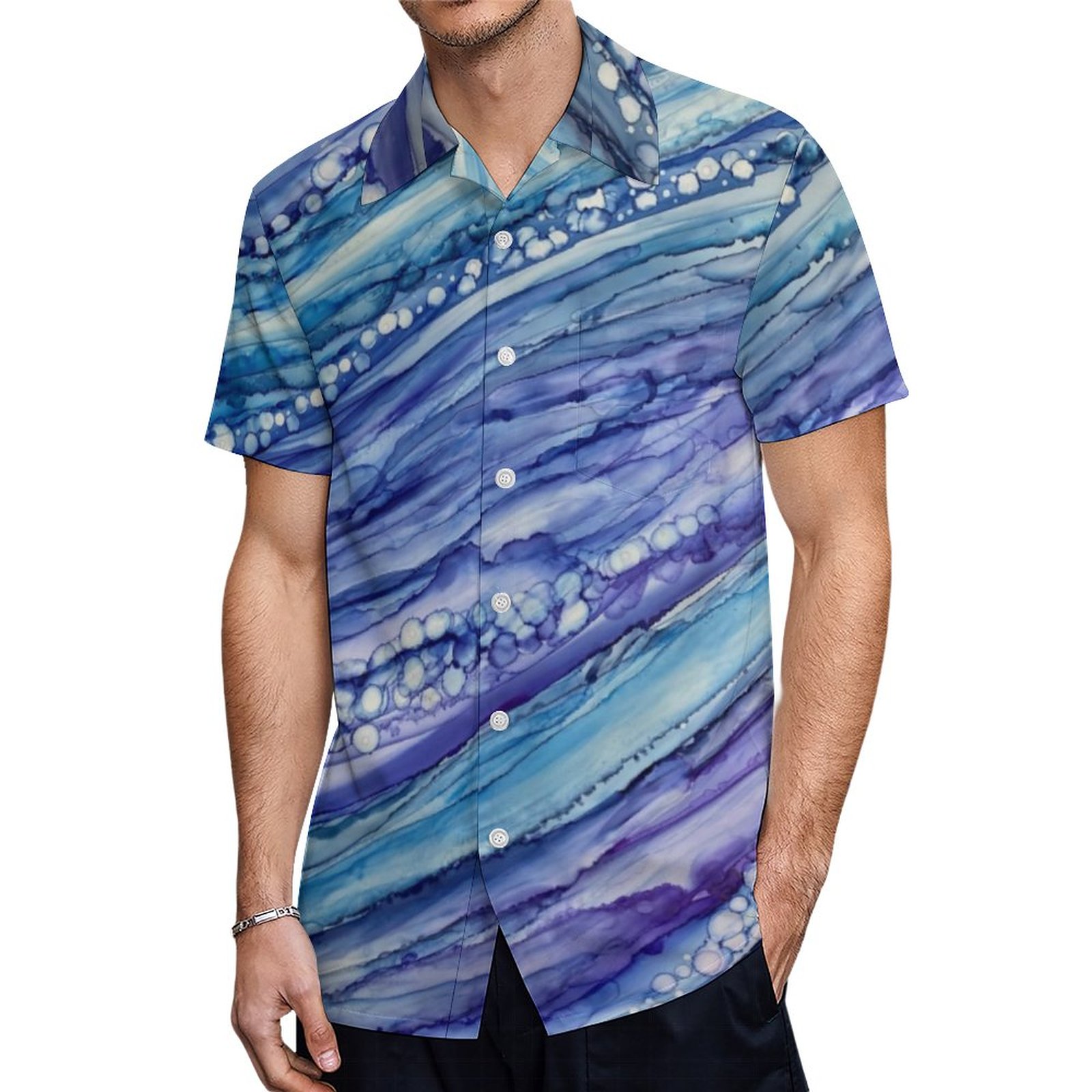 Abstract Alcohol Ink Liquid Art Blue Purple Hawaiian Shirt Mens Button Down Tropical Hawaii Beach Shirts