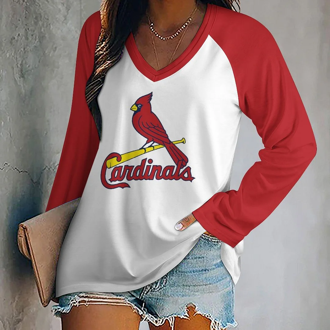 V-neck Long Sleeve Casual T-shirt for  Women and Men Printed with Pattern,Red,Dark Blue,White
