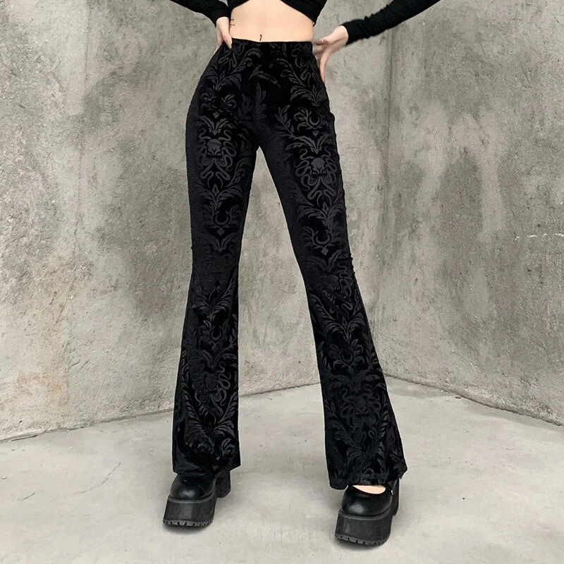 InsGoth Retro Gothic Print Black Pants Goth Harajuku High Waist Flared Pants Women High Street Punk High Waist Women Trousers
