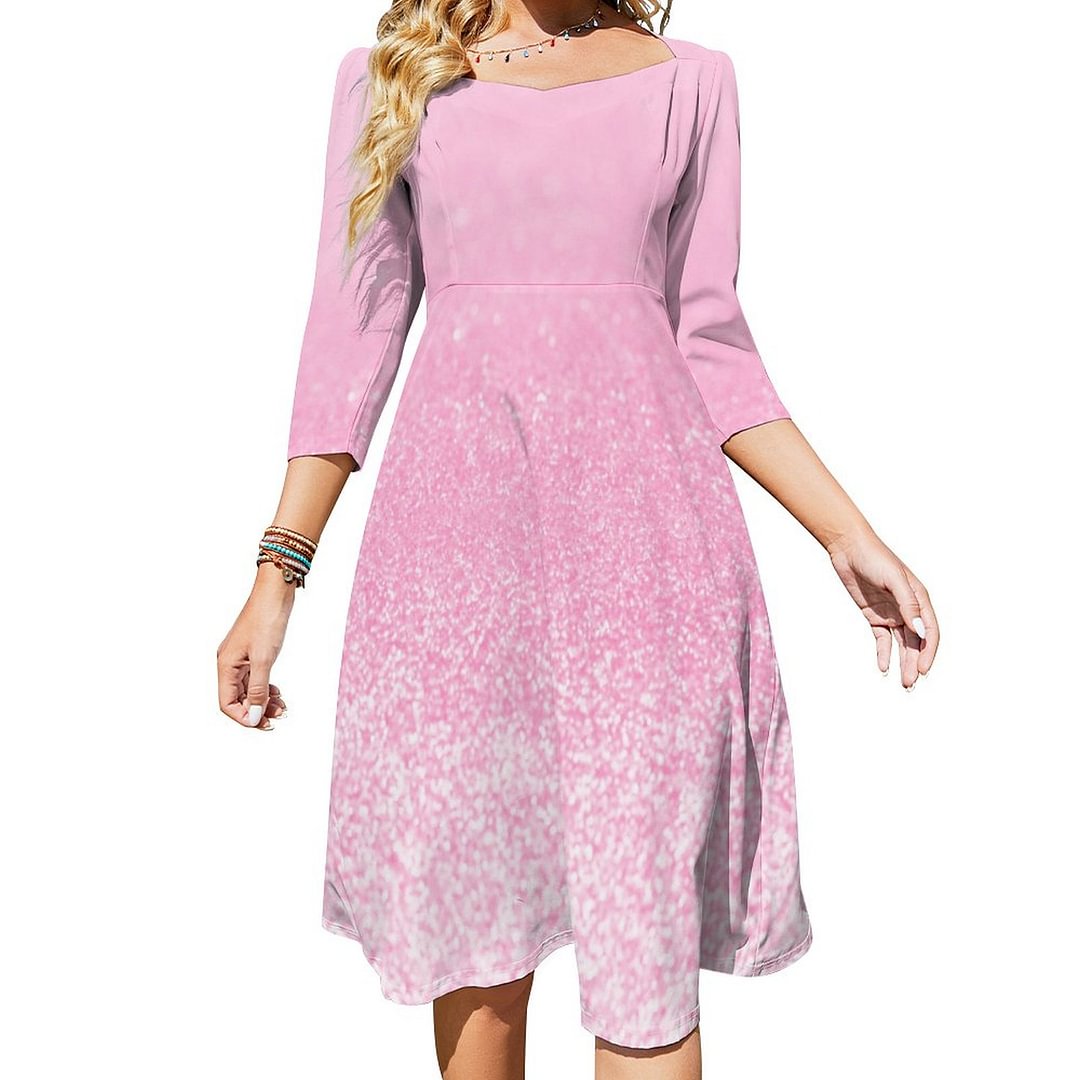 Pink Glitter Lights Dress Sweetheart Tie Back Flared 3/4 Sleeve Midi Dresses