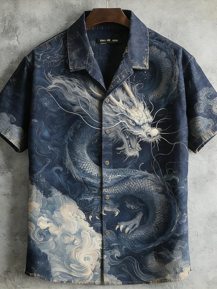Japanese Art Retro Dragon Pattern Men's Short Sleeve Shirt  artssus