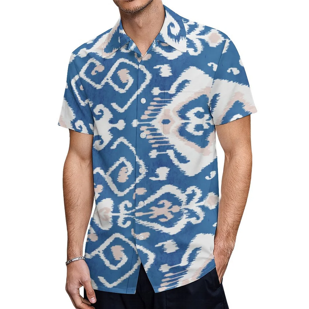 Short Sleeve Teal Blue And White Ikat Tribal Hawaiian Shirt Mens Button Down Plus Size Tropical Hawaii Beach Shirts