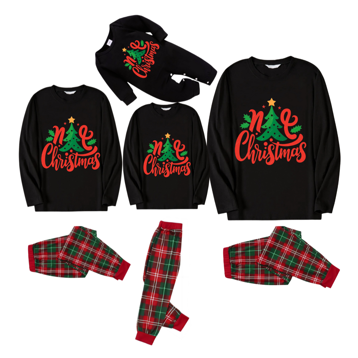 Christmas Tree with Stars and Colorful Pattern Black Top with Red & Green Plaid Pants Family Matching Pajamas