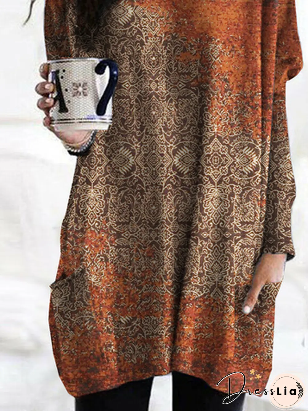 Ethnic Printed Crew Neck Casual Patchwork Pockets Plus Size Tops