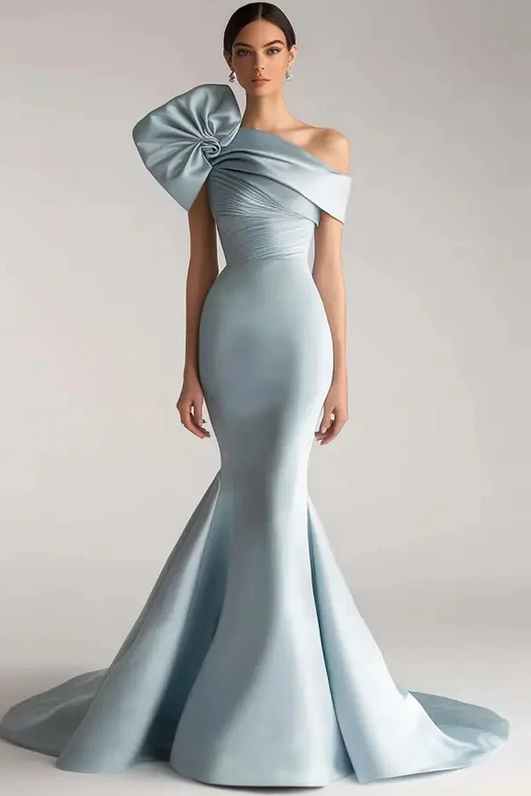 One Shoulder Pleated Fishtail Maxi Dress-Haze Blue [Custom-Made]