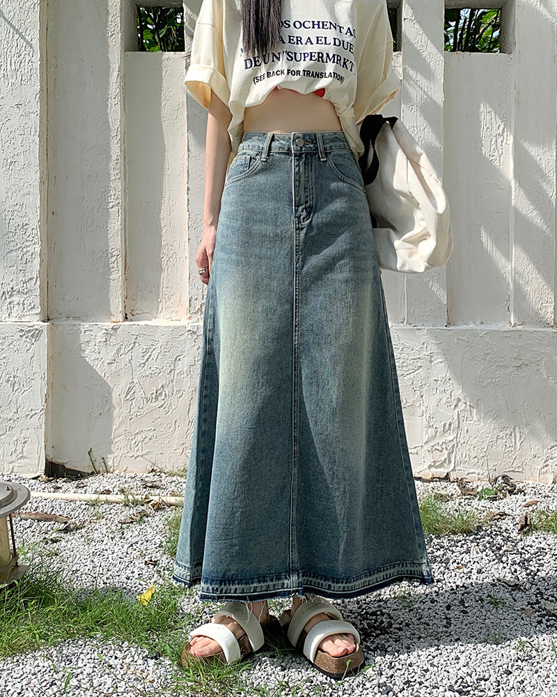 Aiertu 90s fashion Autumn New Women's Retro Frayed Denim Skirt High Waist Slimming A- line Large Swing Dress Sexy aiertu