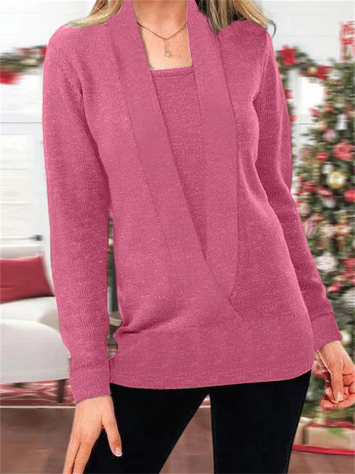 Women's Casual Solid Color V-neck Long-sleeved Knitted Sweater