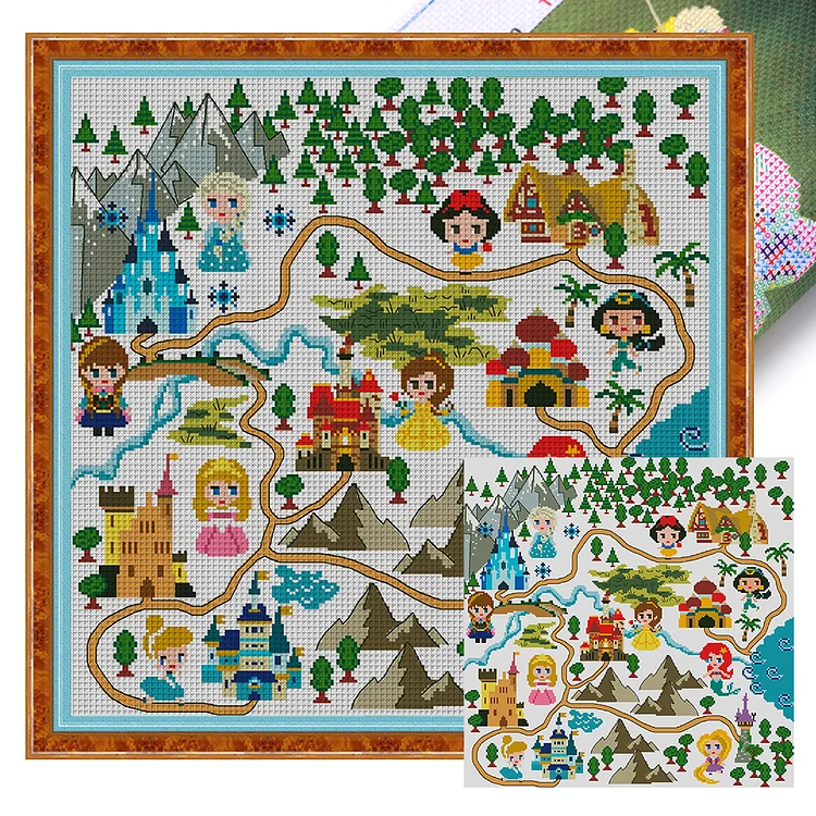 Disney Princesses On Map - Printed Cross Stitch 11CT 50*50CM