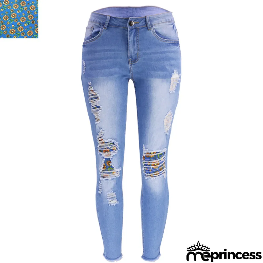 Fall New Fashion Ripped Patch Women Denim Pants Jeans