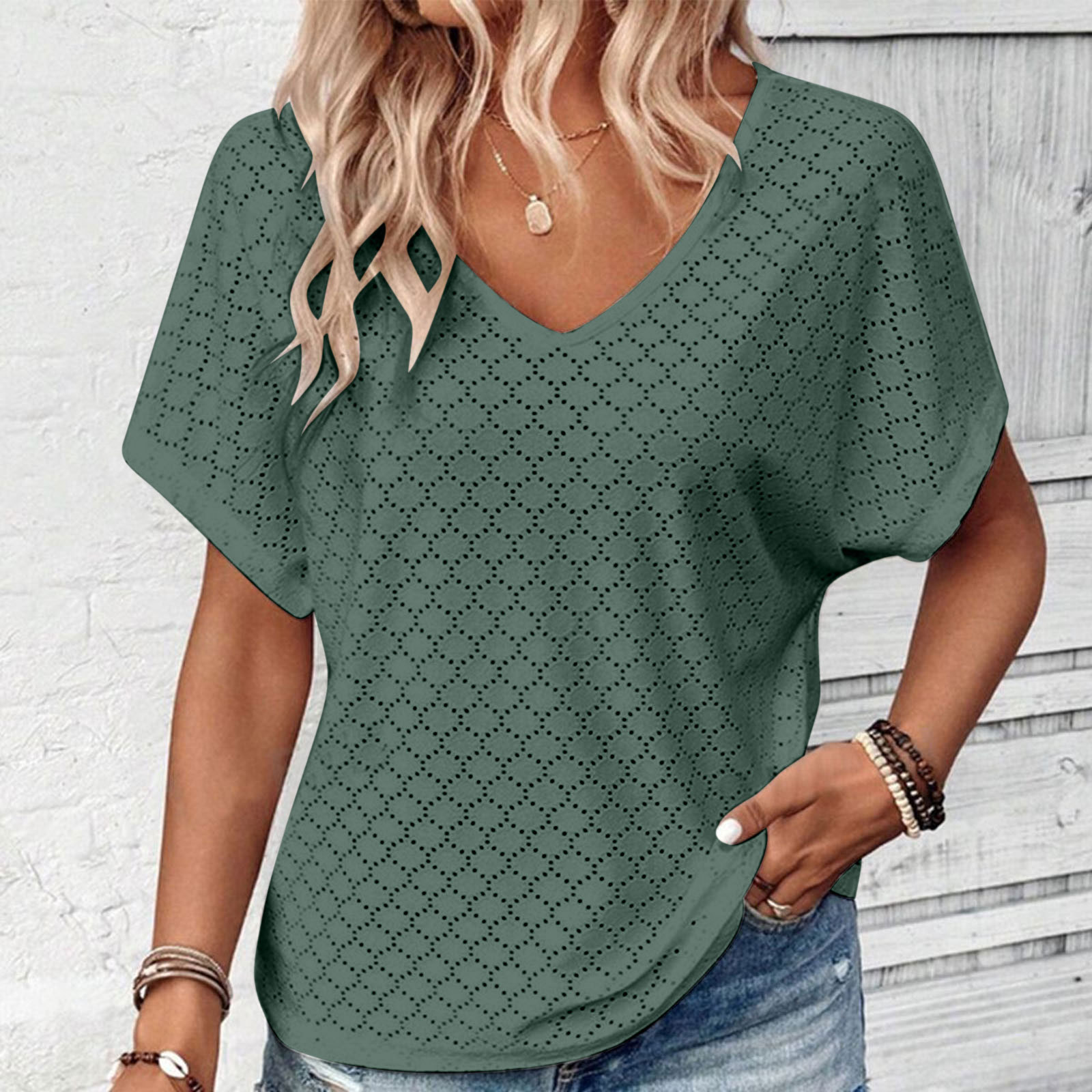 Mature Women Summer Hollow Jacquard T-shirt Tops