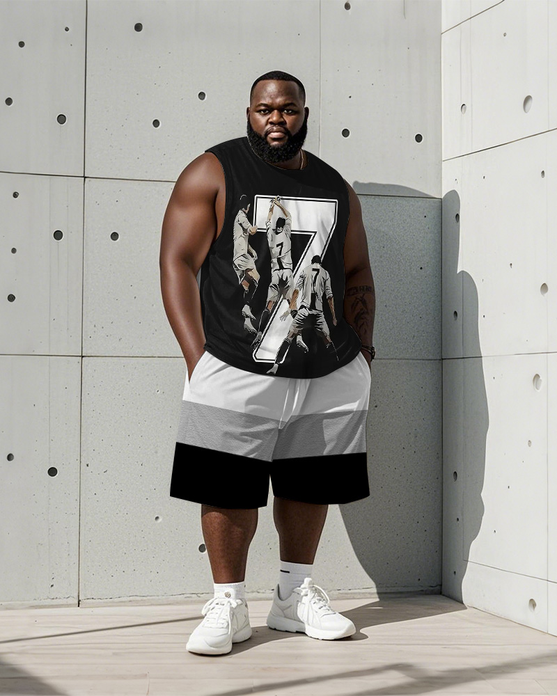 Men's Plus Size Black Gray Striped Size 7 Football Printed Vest Shorts Suit