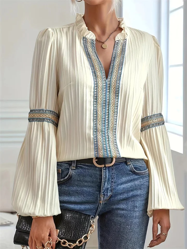 Women's Fashion New Solid Color Lace Lace Lantern Sleeve V-neck Ladies Shirt