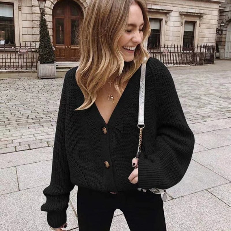 Zoki Women Knitted Cardigans Sweater Fashion Autumn Long Sleeve Loose Coat Casual Button Thick V Neck Solid Female Tops 2021