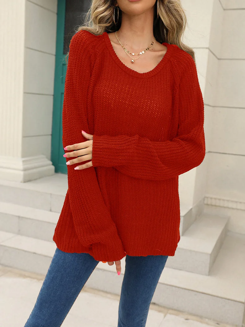 Solid Color Scoop Neck Sweater For Women Elegant Long Sleeve Top