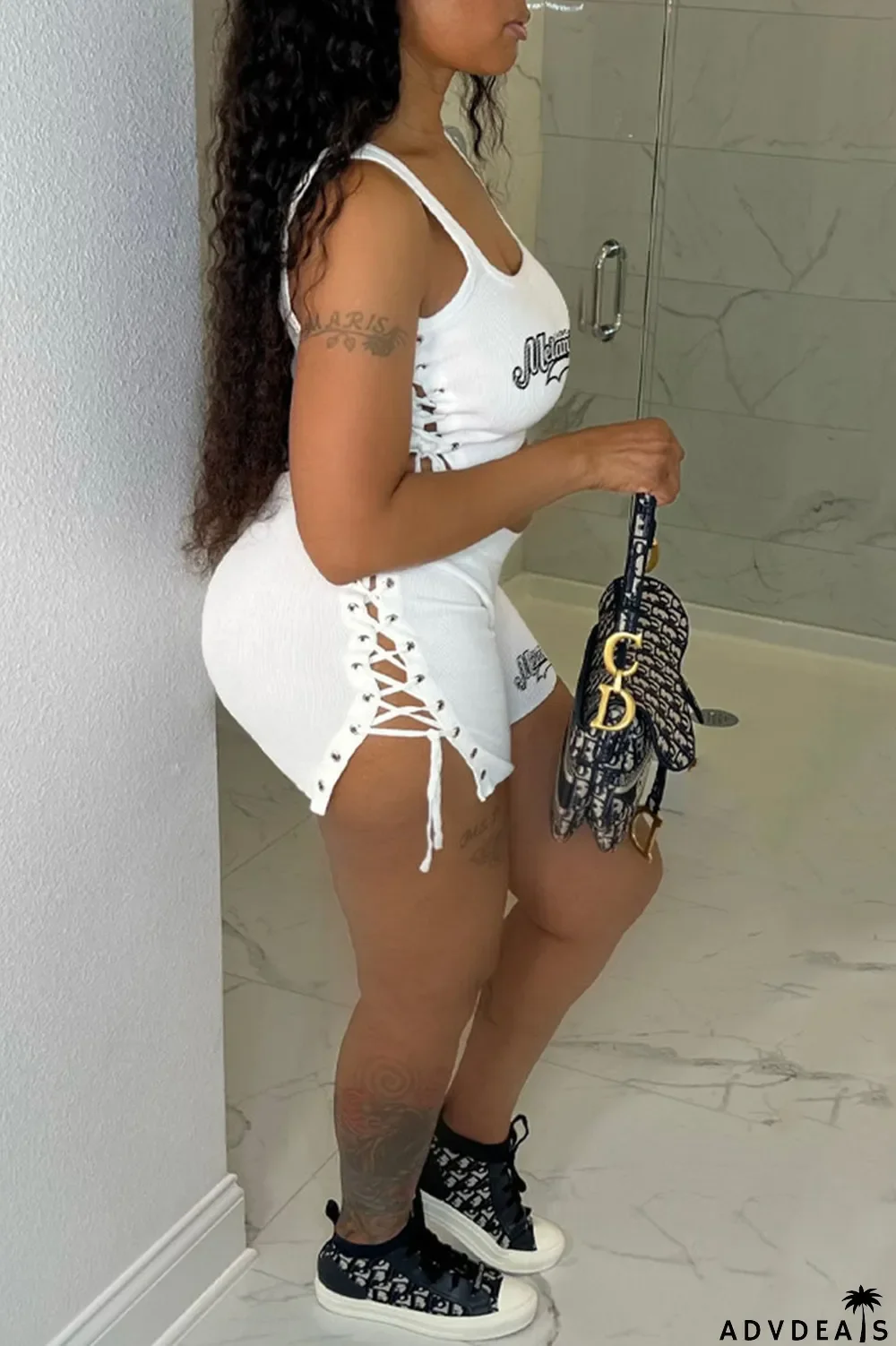 White Casual Print Bandage U Neck Sleeveless Two Pieces