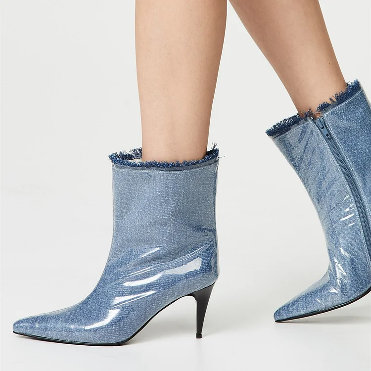 Blue Denim Pointy Toe Transparent PVC Cone Heel Fashion Ankle Boots |FSJ Shoes