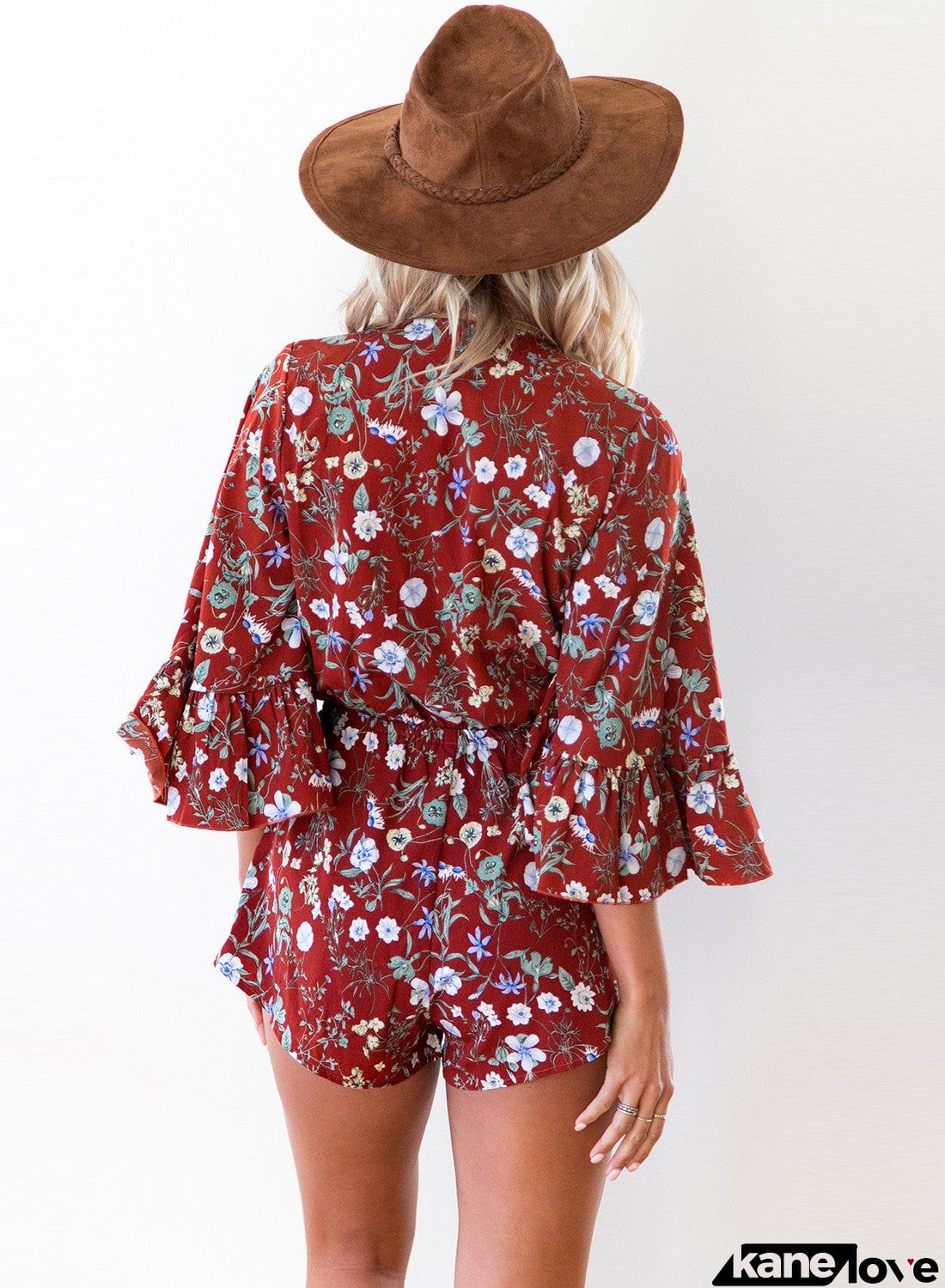 Floral Printed Deep V Neck Flare Sleeve Romper