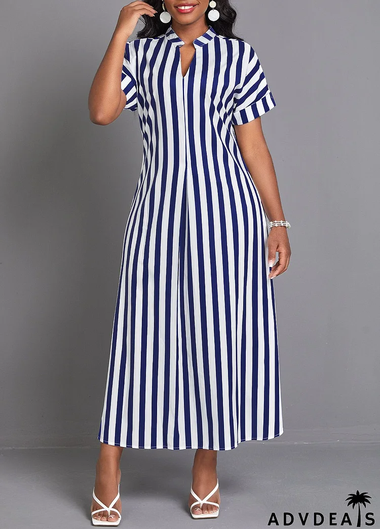 Navy Split Striped Maxi Shift Dress