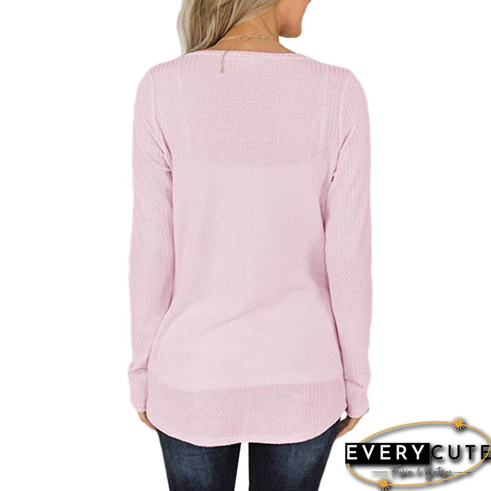 Pink V Neck Front Twist Long Sleeve Tops