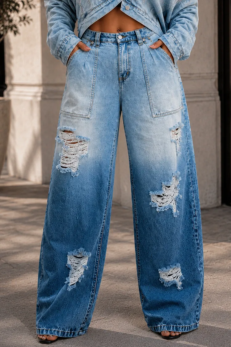 Xpluswear Design Plus Size Daily Blue Gradient Pocket Distressed Denim Jeans [Pre-Order] 2024 - Xpluswear