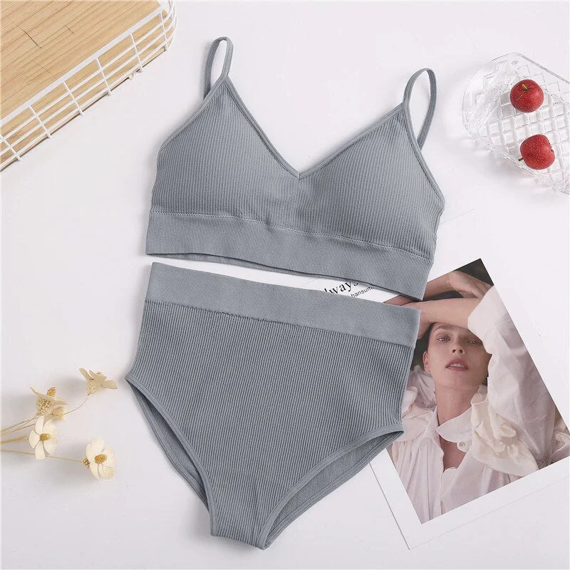 2PCS Women Bra Set Soft Brassiere + High Waist Panties Female Underwear Intimates Lingerie cconjuntos de mujer Tank Crop Tops