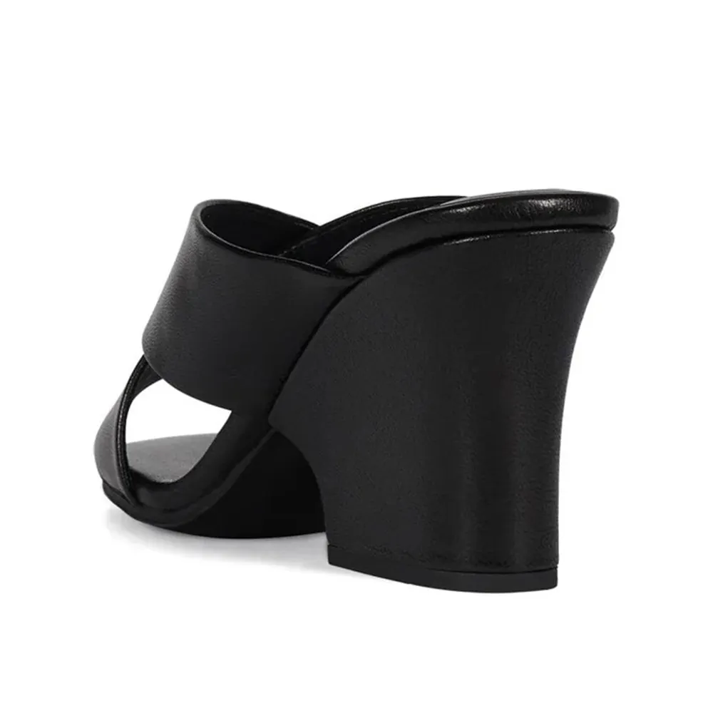 Women's Black Round Toe Cross Strap Block High Heel Mules Shoes