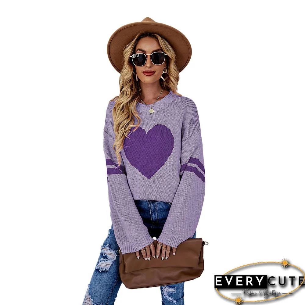 Purple Heart Print Stripes Long Sleeve Sweater