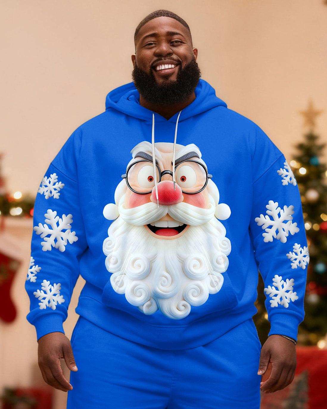 Big & Tall Men's Christmas Santa Claus with Snowflake Beard Hoodie Set