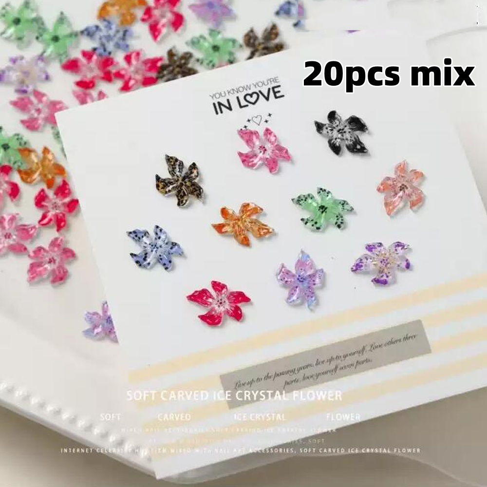 Xinyulin 20pcs 3D Acrylic Sculpture Flowers Spring Summer Design Nail Art Charms Ice Transparent Flower Resin Nail Crafts DIY Accessories